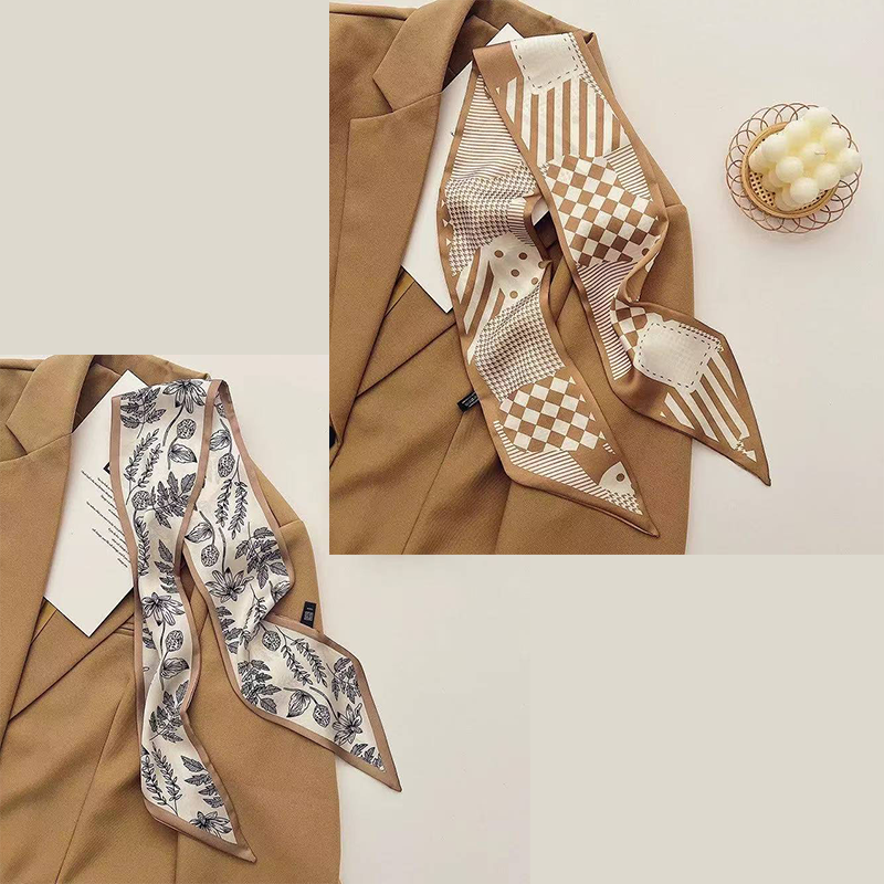 2-piece Coffee Geometry and Pencil Drawing French Style Long Silk Scarf - Coffee Print - Versatile Skinny Neck Ribbon, Hair Tie, Bag Handle Accessory, Elegant Office Wear, Lightweight Polyester