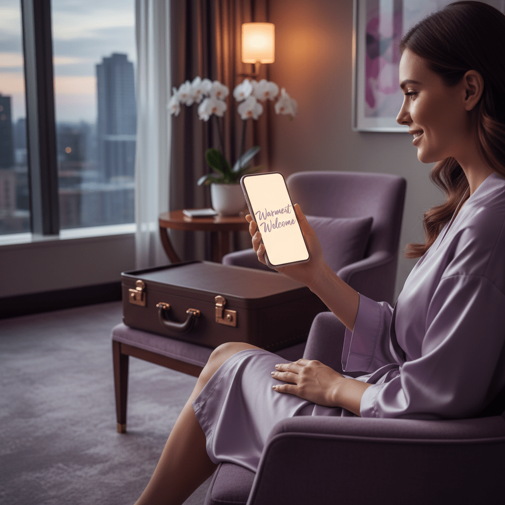 Guest receiving a warm pre-arrival welcome email on a phone in a stylish hotel room