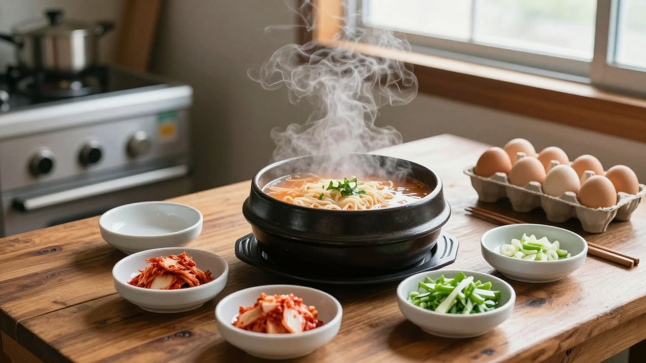 아늑한 주방, 소박한 식탁 위 김이 나는 국수 냄비와 네 도자기 그릇, 김치, 다진 파, 계란, 창가의 부드러운 햇살