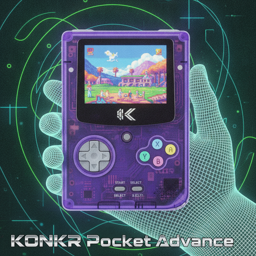 A sleek render of the new AYANEO KONKR Pocket Advance handheld gaming device.