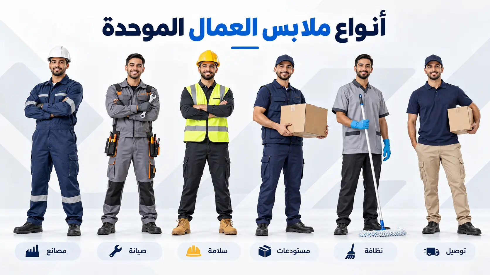 أنواع ملابس العمال الموحدة: بدلة عمال وأفرول وتيشرت بولو وسترة سلامة