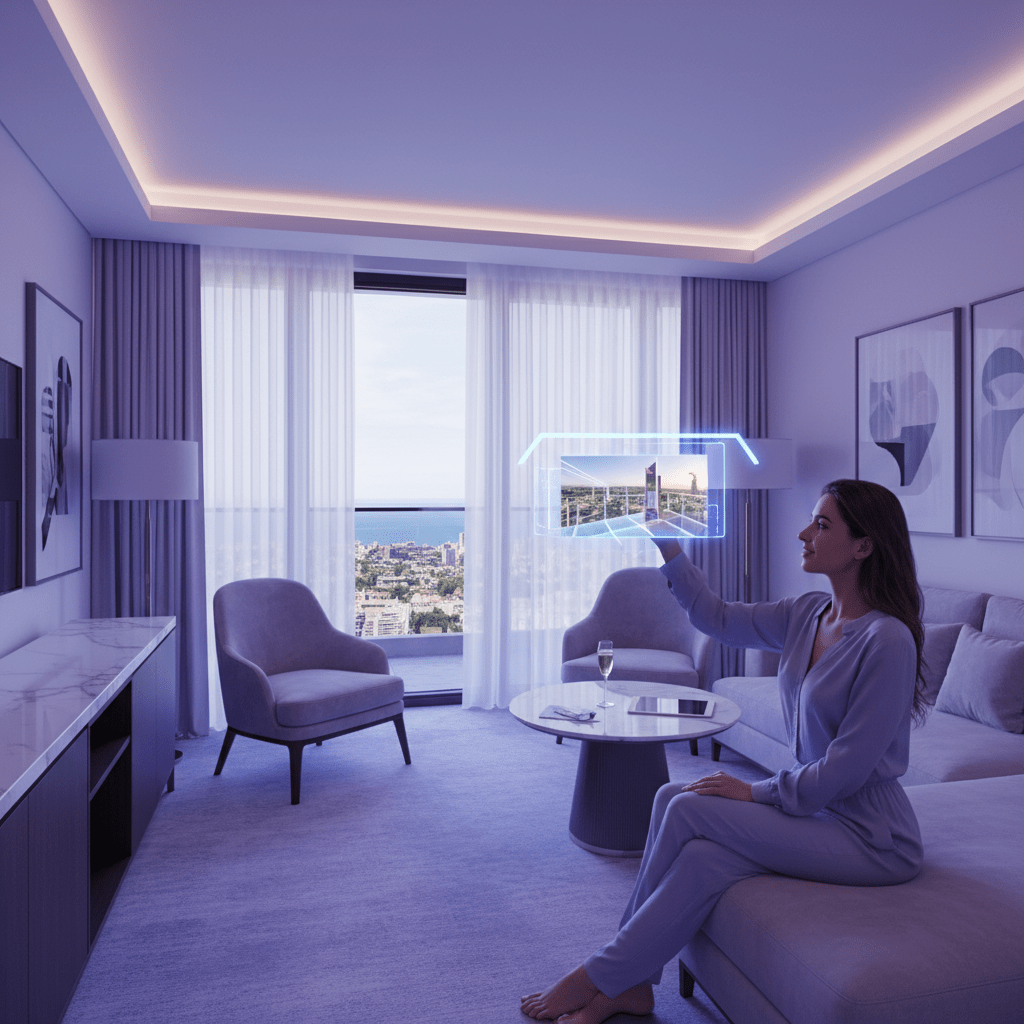 Luxury hotel guest using AR phone filter to preview a balcony view