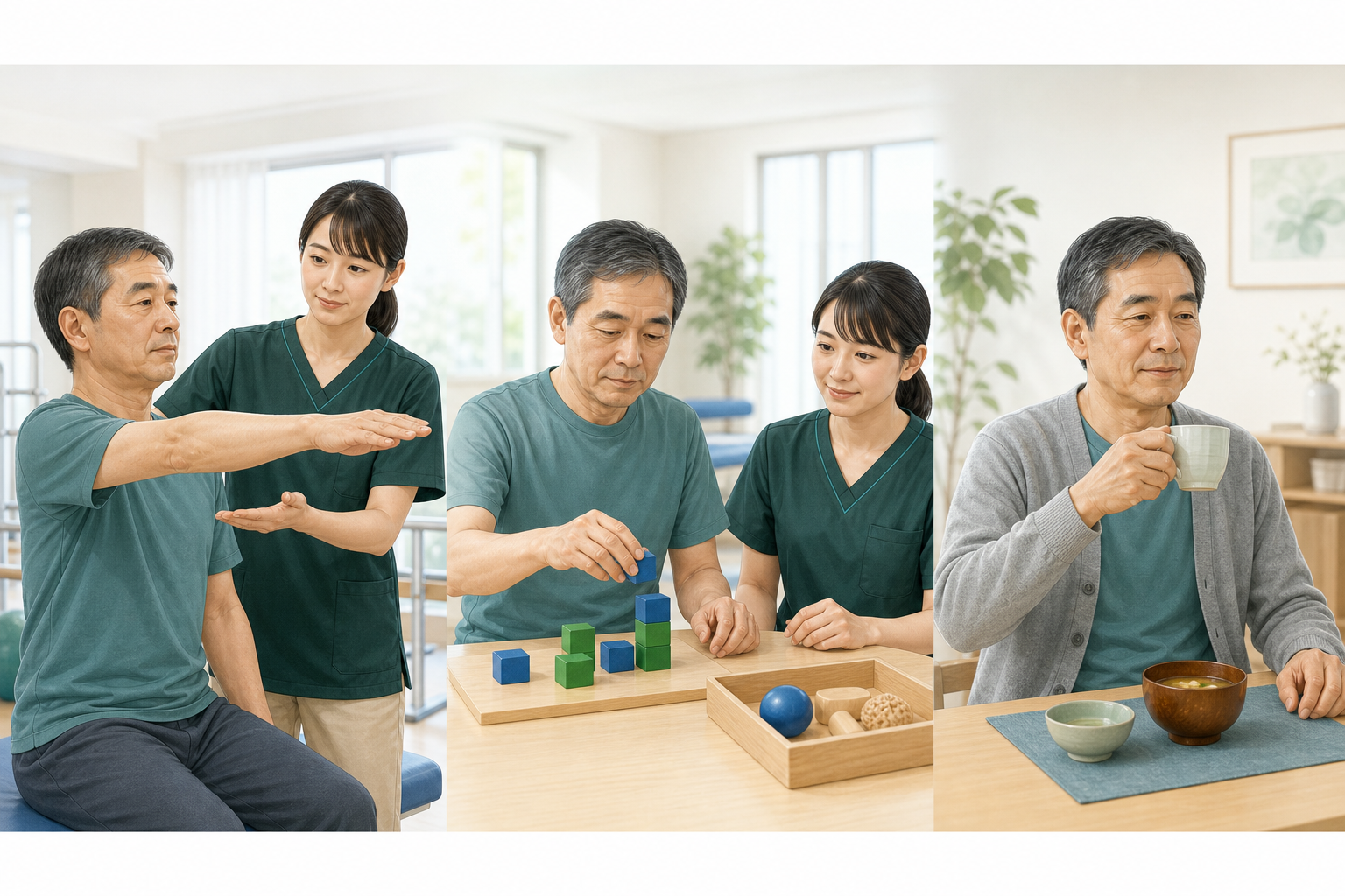 脳卒中後の上肢評価を、体の働き・標準化された課題・実生活での手の使用の3場面で示した画像