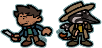 Drawing of two simplified characters, a human man and an anthro woodpecker. Drawing of two simplified characters, a human man and an anthro woodpecker.