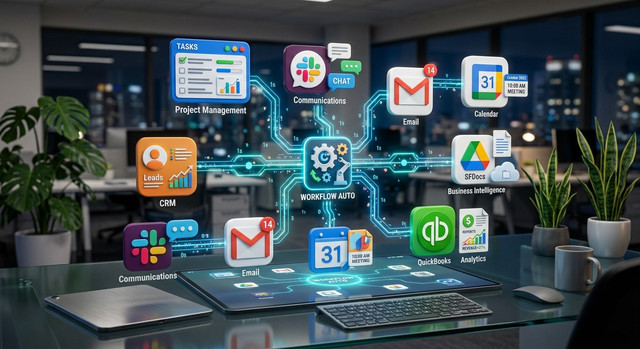 Una raccolta di icone di applicazioni aziendali diverse collegate da percorsi digitali luminosi su uno sfondo pulito che illustra un'automazione del flusso di lavoro senza interruzioni.