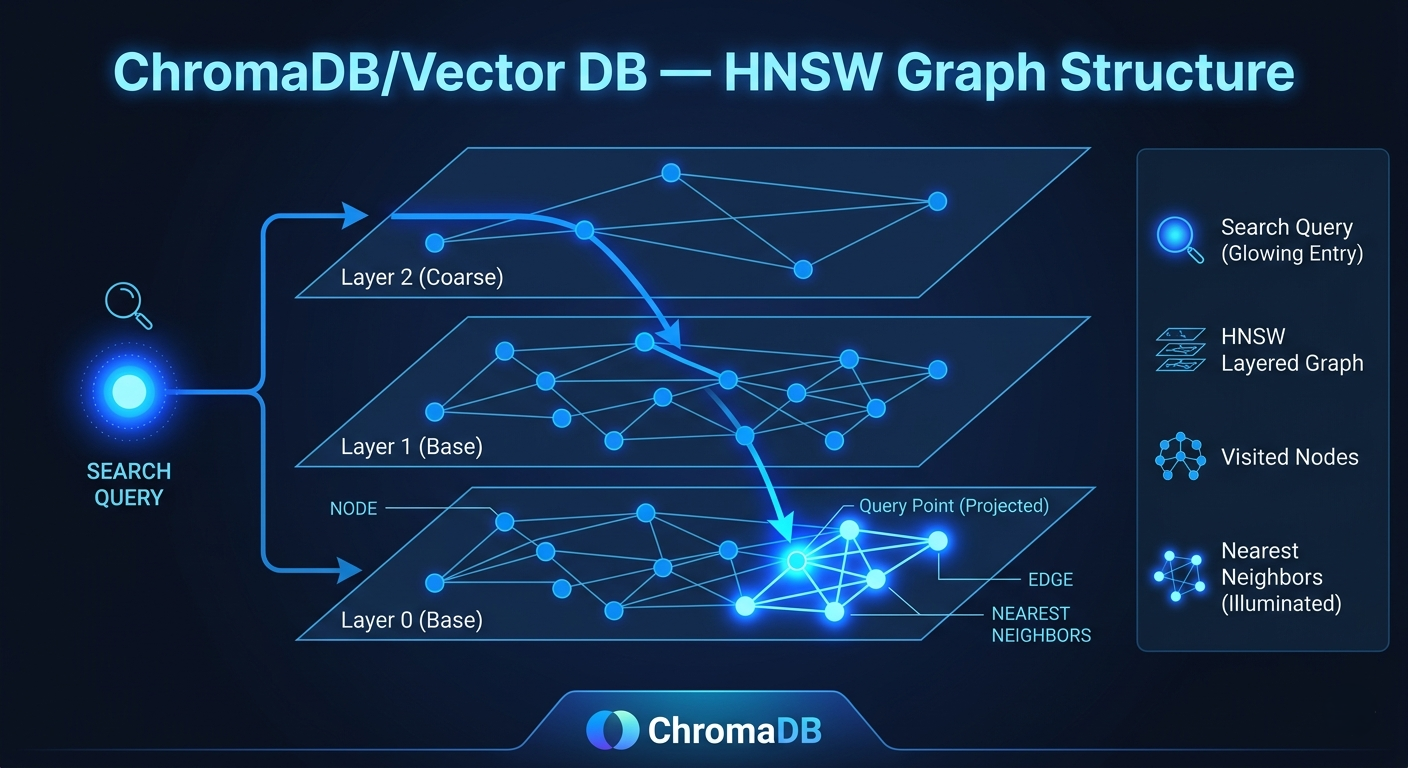 Vector database architecture diagram showing HNSW index structure for fast approximate nearest neighbor search across document embeddings