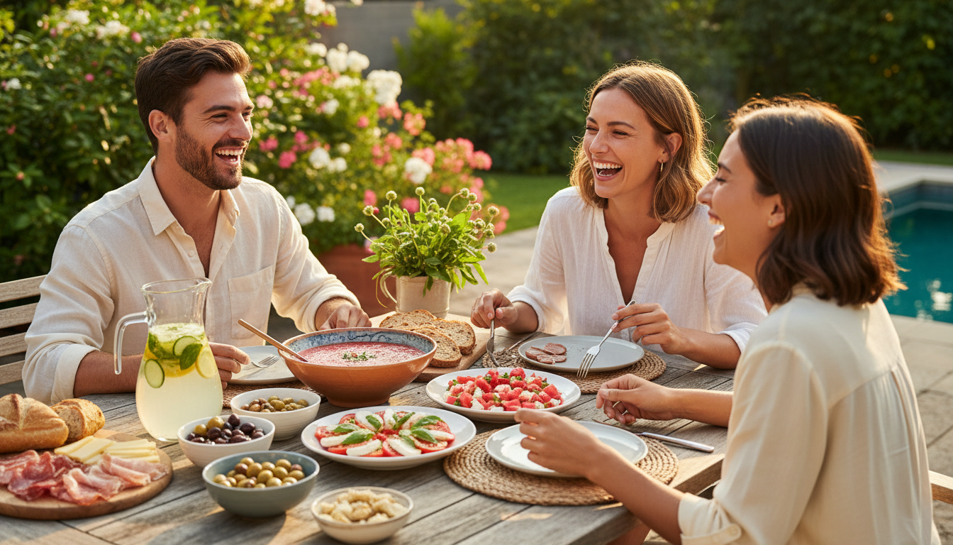 Comidas de verano caseras frescas con ensaladas, gazpacho, frutas y platos fríos