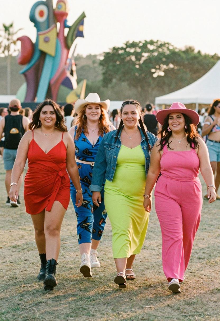 Four plus-size women striding confidently in bold spring festival looks across festival grounds