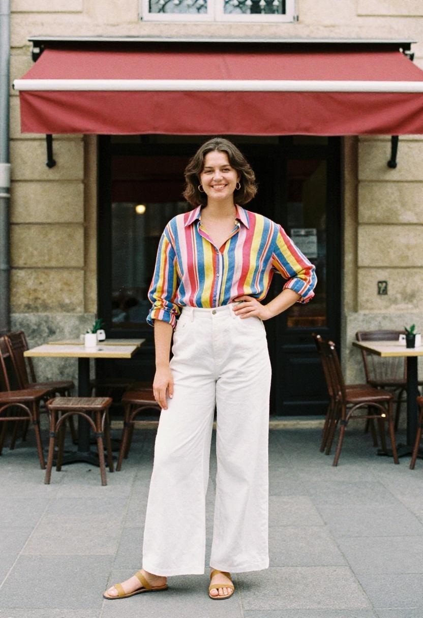 Vertical stripes on oversized linen shirt tucked into wide-leg trousers in European plaza