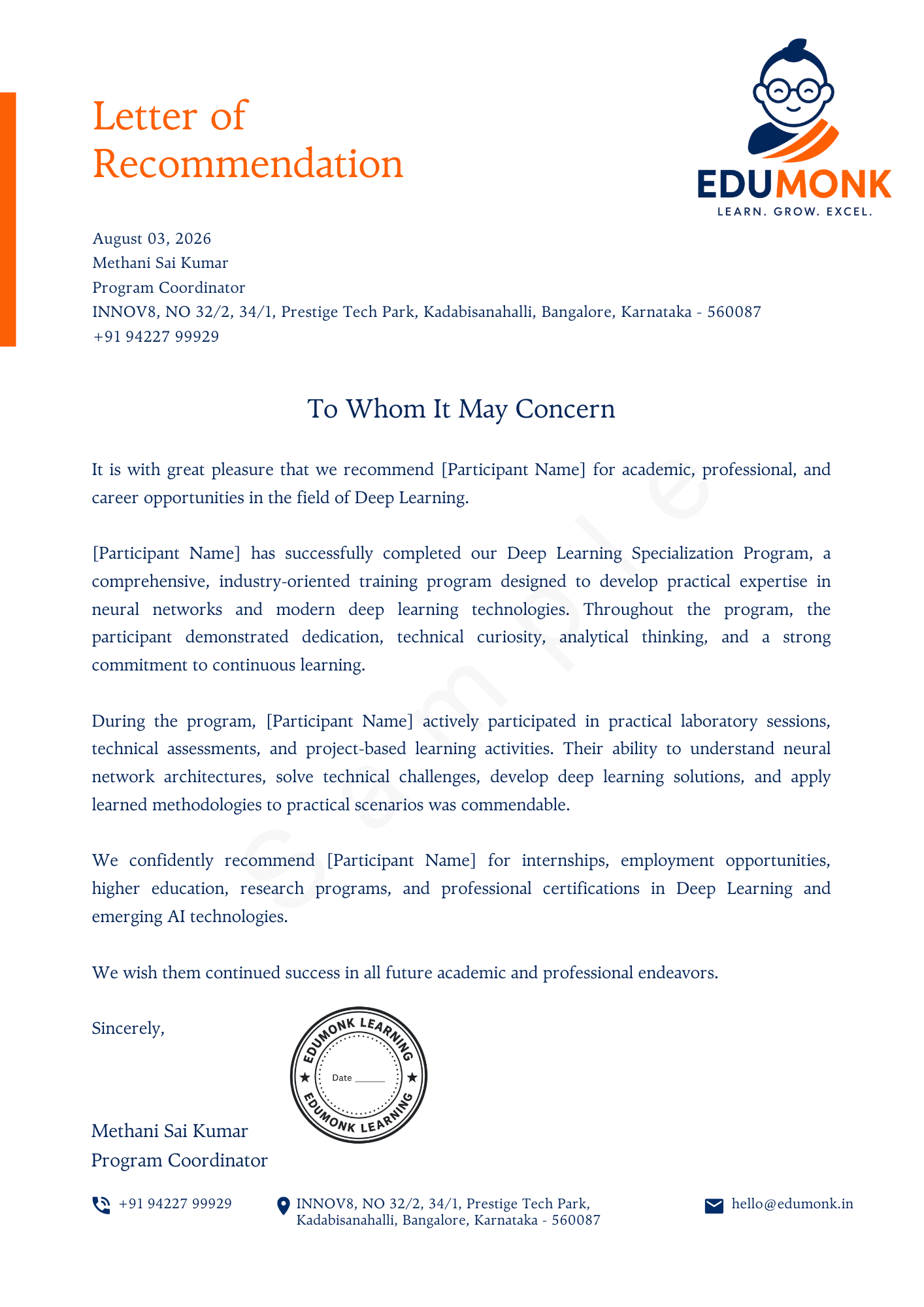 Sample EduMonk Letter of Recommendation for the Deep Learning Certificate of Specialisation