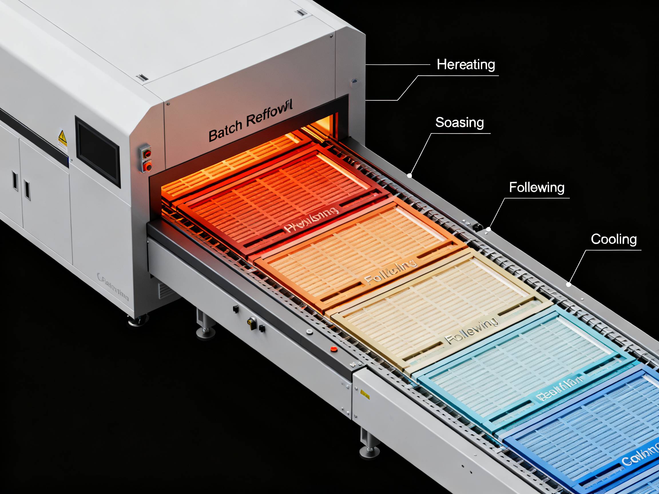 Stages inside batch reflow oven.