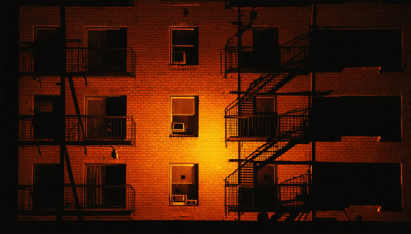 Warm colored light reflecting on the side of a brick apartment building at night, with dark windows and no visible people.