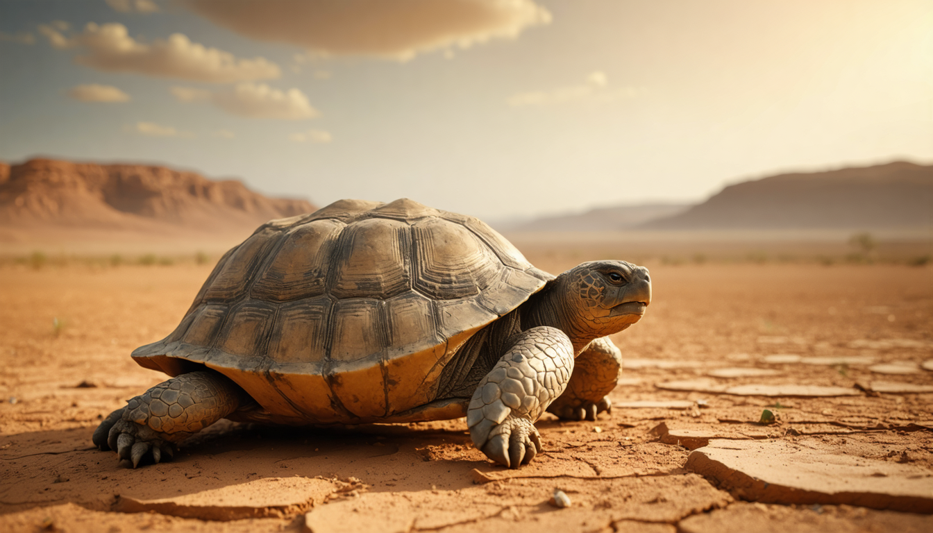 A single aged tortoise on cracked dry ground in warm low light, alone against an empty landscape that has quietly assigned it a price.