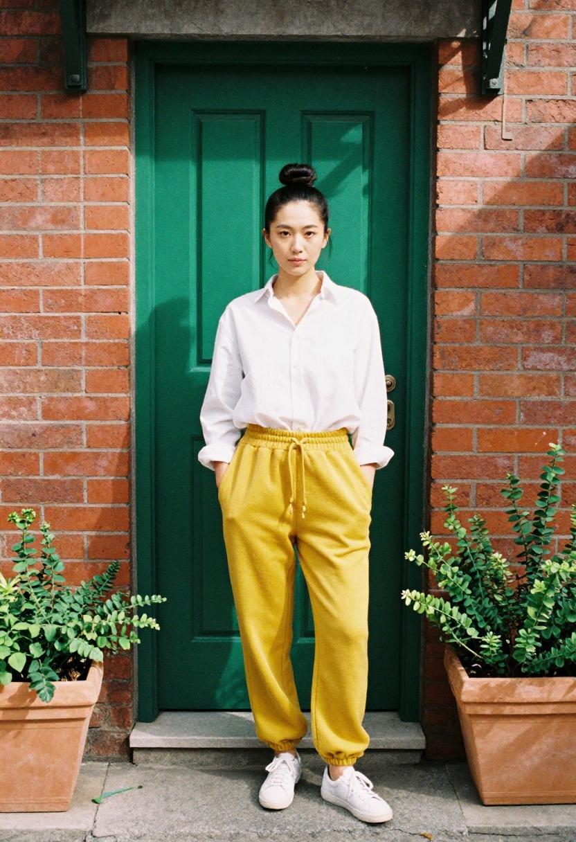 Mustard yellow oversized sweatpants with tucked white shirt cheerful street style