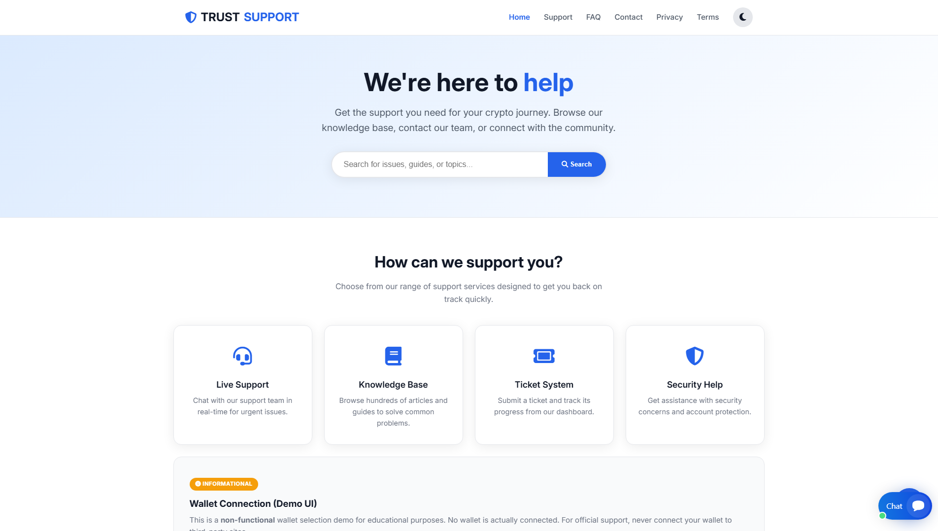 Forensic screenshot of trustwalletsupportt.org showing the phishing page layout