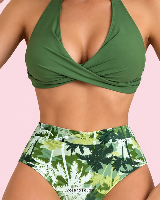 Cross-Front Halter Bikini Set – High-Waisted Tropical Leaf Swimsuit, Front view