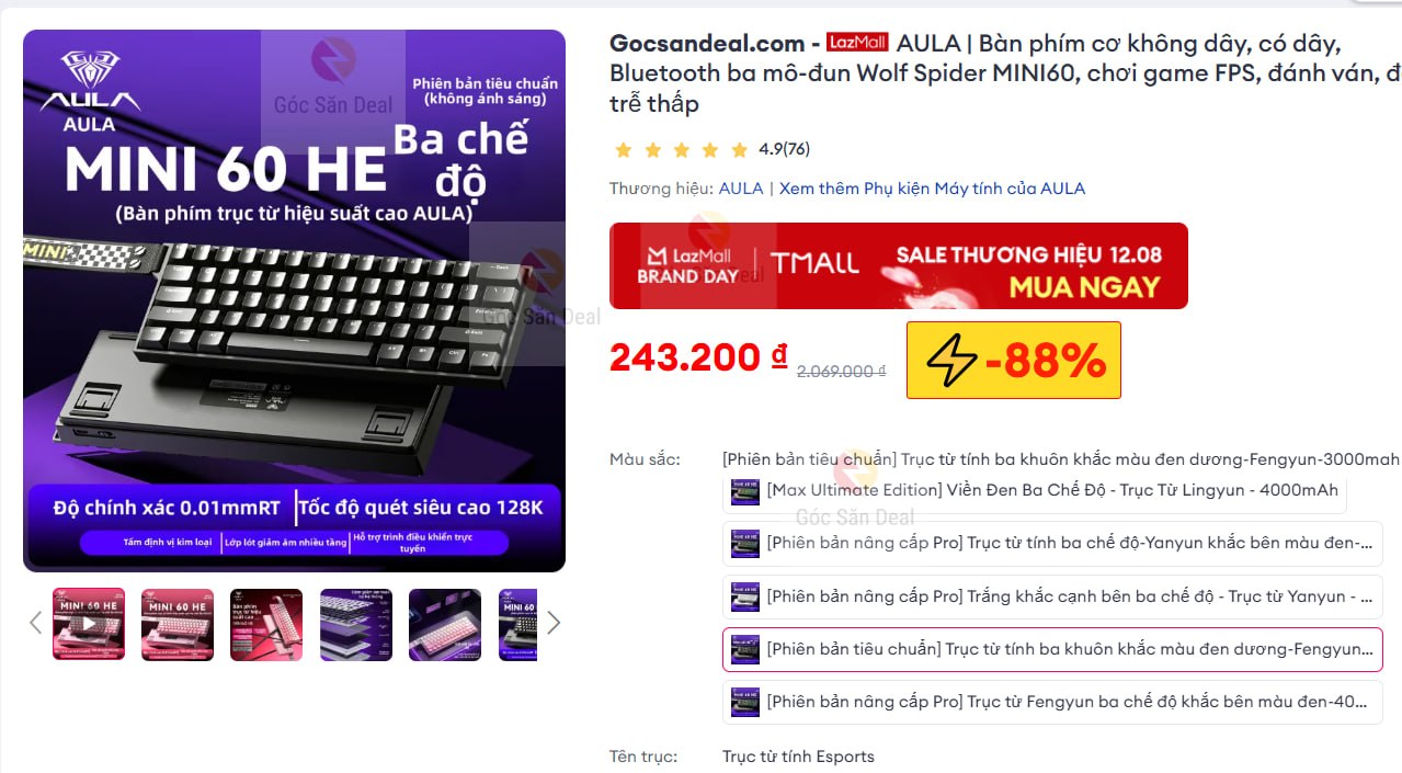 AULA | Bàn phím cơ không dây, có dây, Bluetooth ba mô-đun Wolf Spider MINI60, chơi game FPS, đánh ván, độ trễ thấp