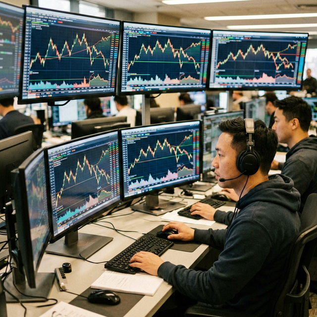 Cryptocurrency trading floor in New York or London, multiple screens displaying Ethereum and Bitcoin price charts, traders in headsets watch