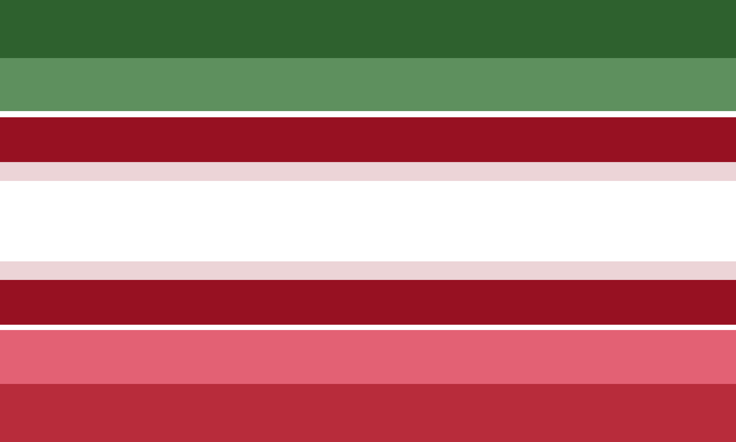 A flag with eleven stripes. From top to bottom, they are green, light green, very thin and white, dark red, thin and pale warm gray, thick and white, thin and pale warm gray, dark red, very thin and white, muted pastel red, and muted red. A flag with eleven stripes. From top to bottom, they are green, light green, very thin and white, dark red, thin and pale warm gray, thick and white, thin and pale warm gray, dark red, very thin and white, muted pastel red, and muted red.
