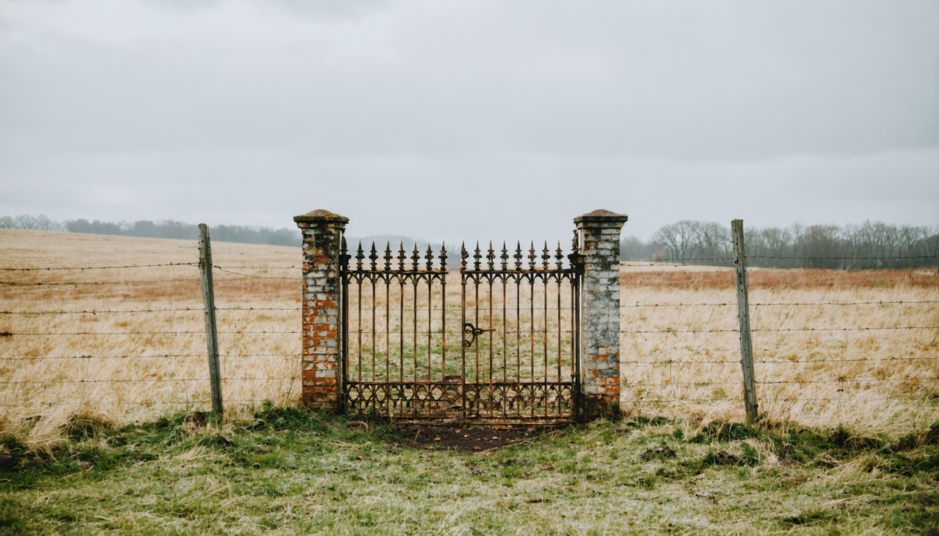 A rusted iron gate standing alone in an open field, protecting nothing and closing off nothing, persisting anyway.