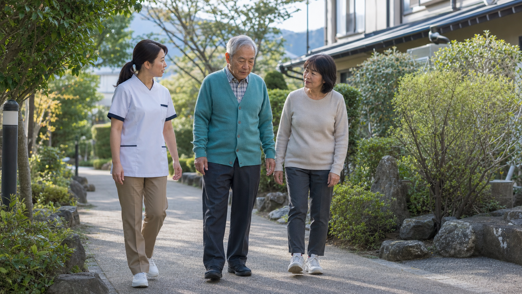屋外を家族とリハビリ専門職に見守られながら歩く認知症のある高齢者