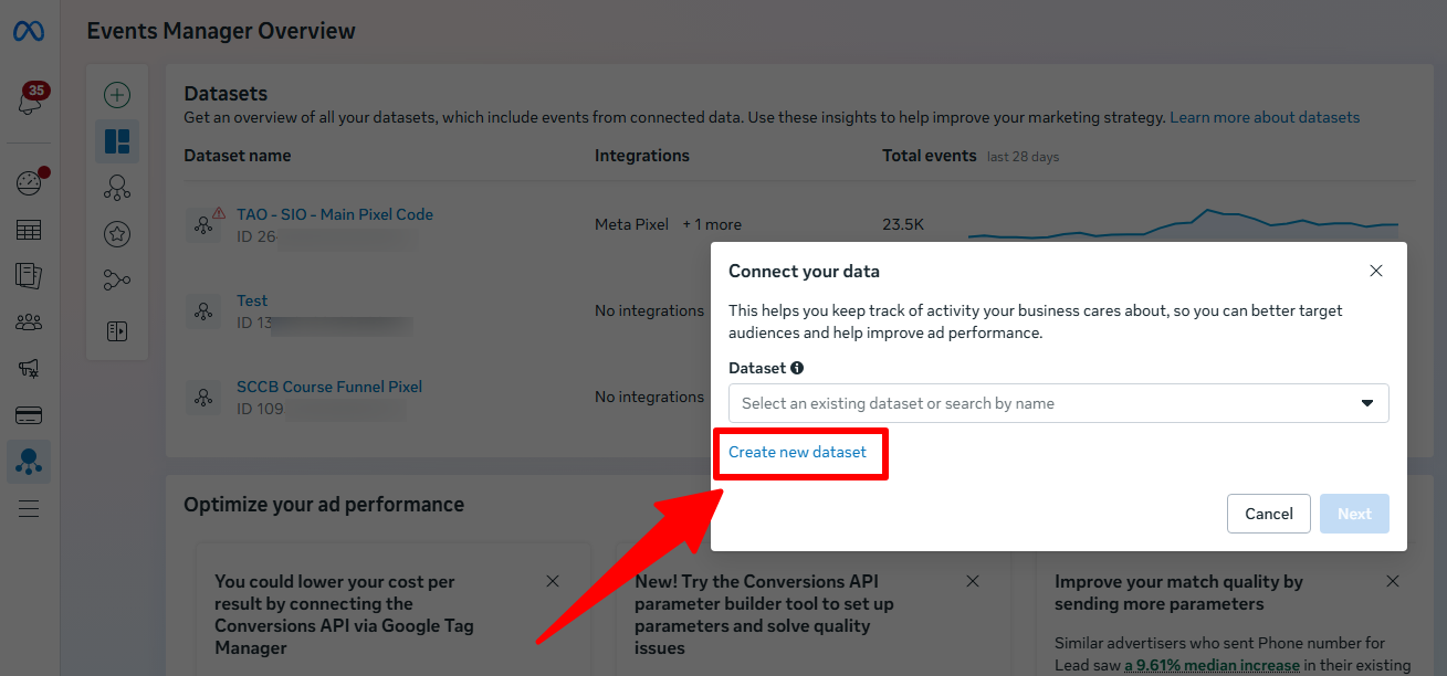 Connect your data: click Create new dataset, not the dropdown