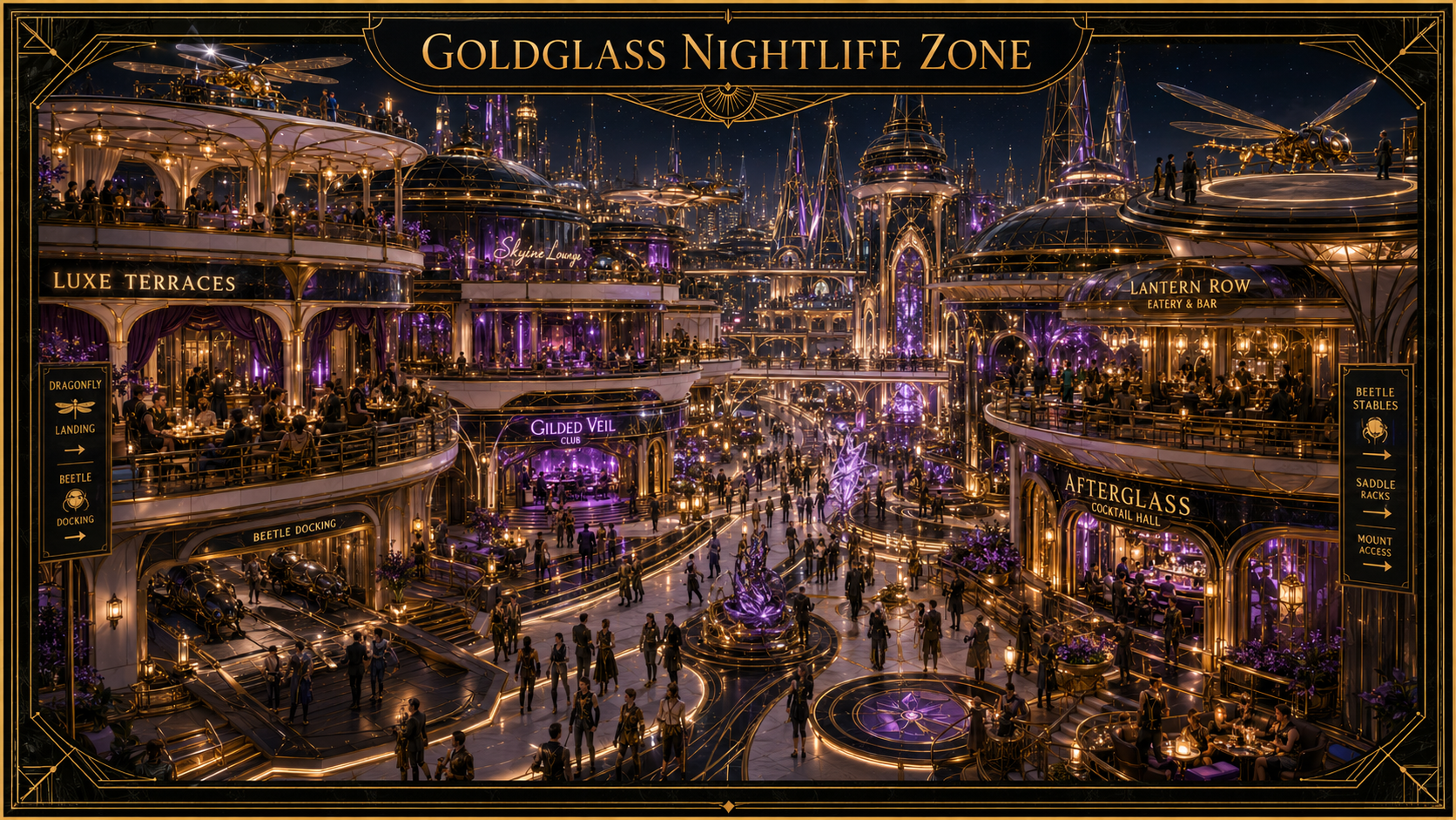 Goldglass Nightlife Zone, a black and gold Skyward nightlife district with bars, restaurants, terraces, clubs, dragonfly landing, beetle docking, purple lighting, and crowded evening streets