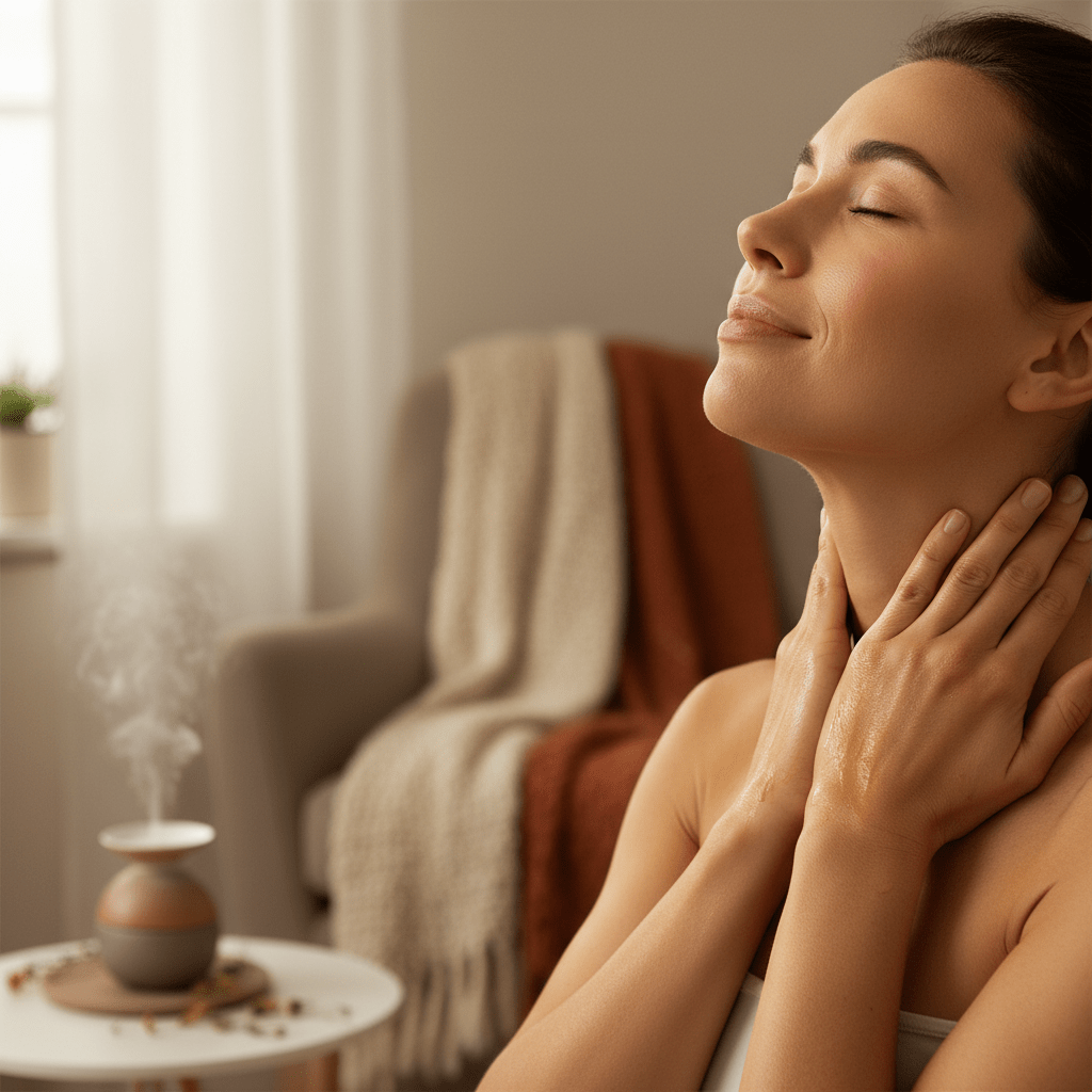 A close-up of a person massaging neck and shoulders with herbal oil in a softly lit home setting