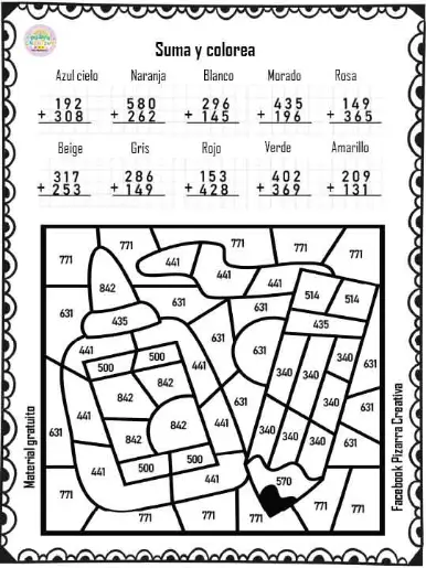 Resuelve y colorea de sumas, restas y tablas de multiplicar