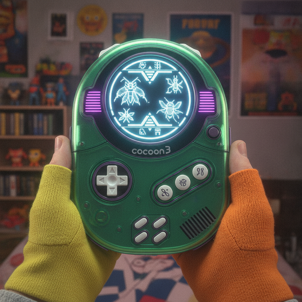 A vibrant digital interface on a handheld gaming device, displaying various game covers and menus, evoking a sense of modern nostalgia.