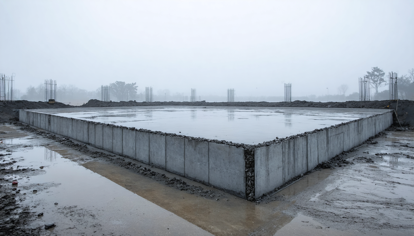 A wide concrete foundation freshly poured under heavy fog, its far edges vanishing into grey with no one in sight.