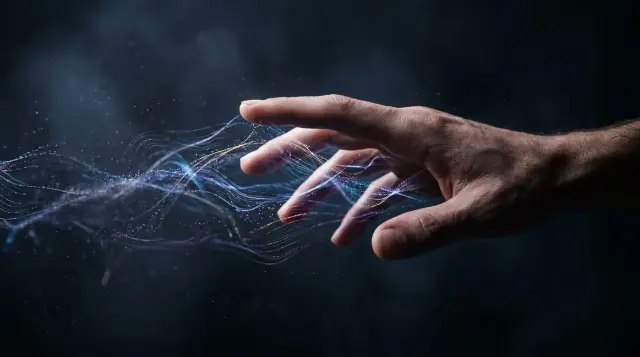 Human hand surrounded by luminous particle trails in dark atmospheric space, mysterious mood