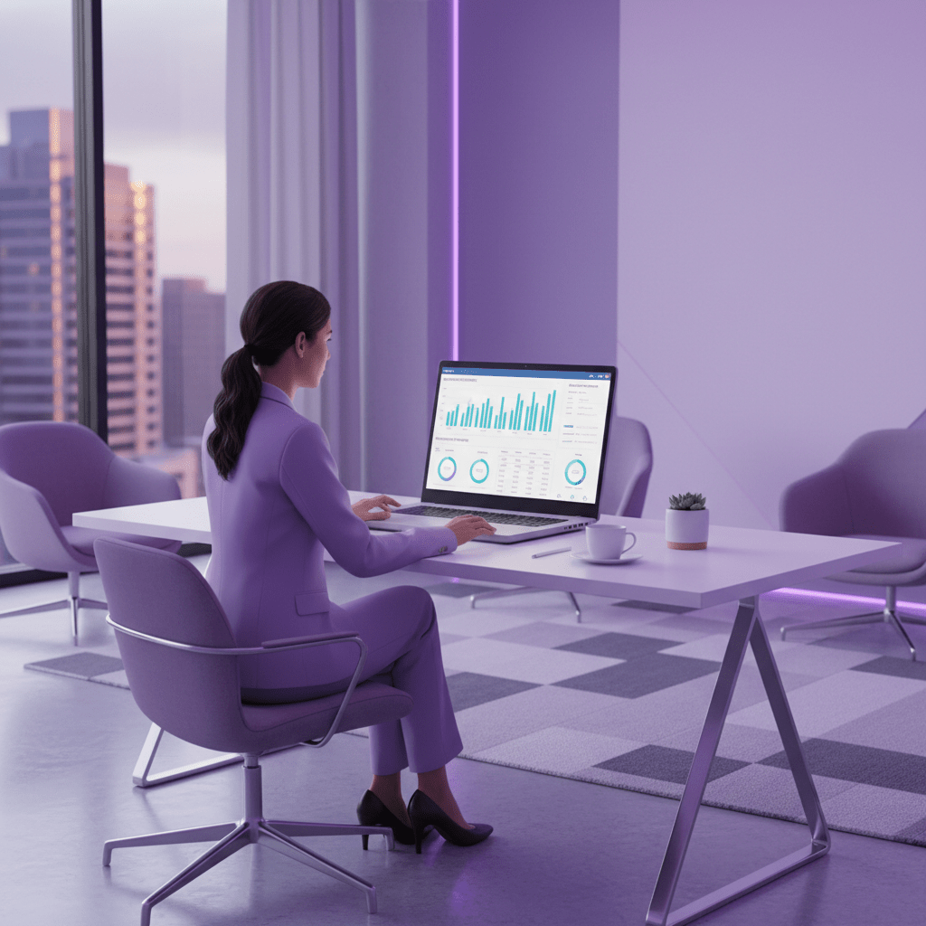 Hotel manager reviewing analytics dashboard on a laptop in a modern office