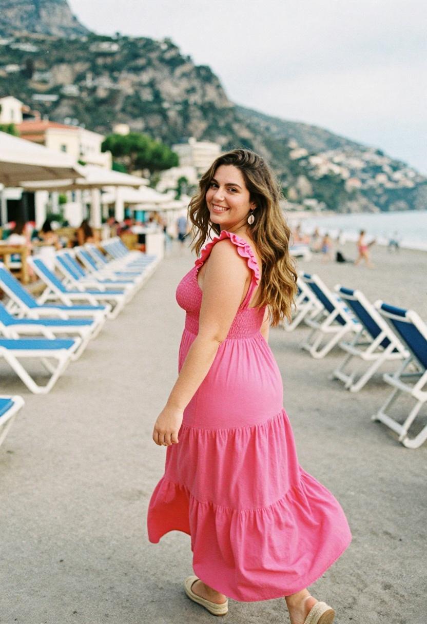 Plus size woman in fuchsia smocked peasant dress with tiered skirt at a sunlit Mediterranean beach club