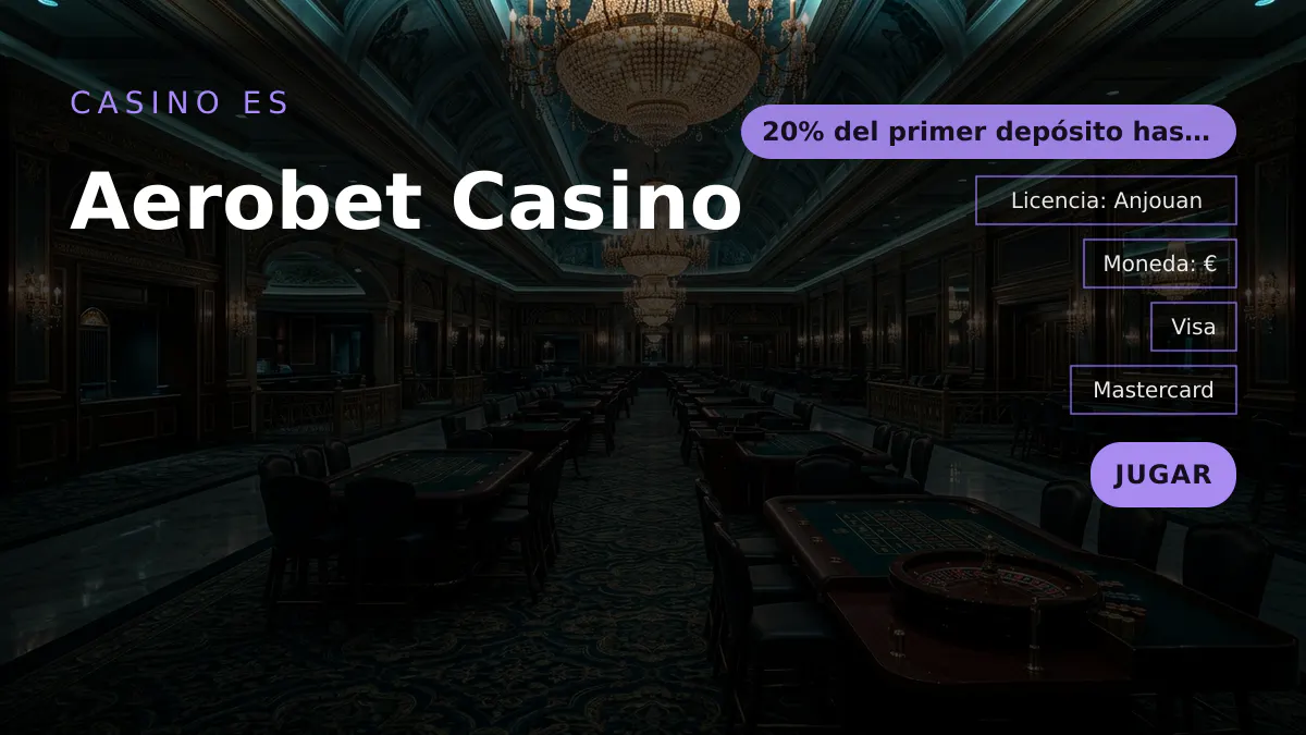 Aerobet Casino — bono de bienvenida 20% del primer depósito hasta €500 + 450 FS, pagos: Visa, Mastercard, Skrill, Neteller, Paysafecard