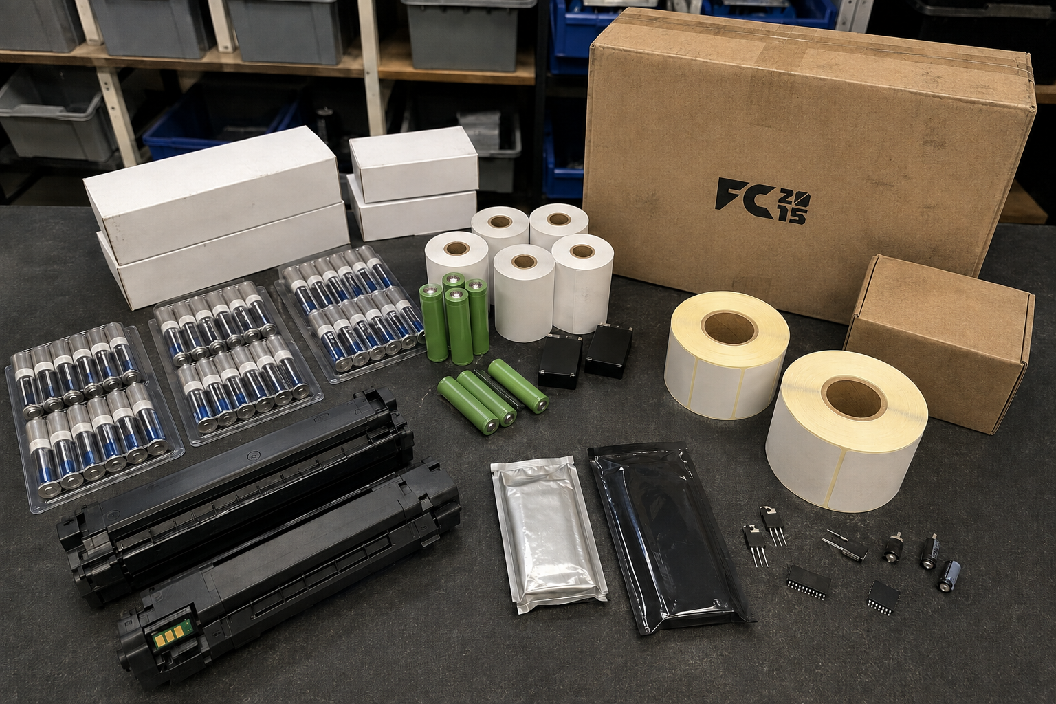 Electronic consumables: batteries, thermal paper, toner and label media