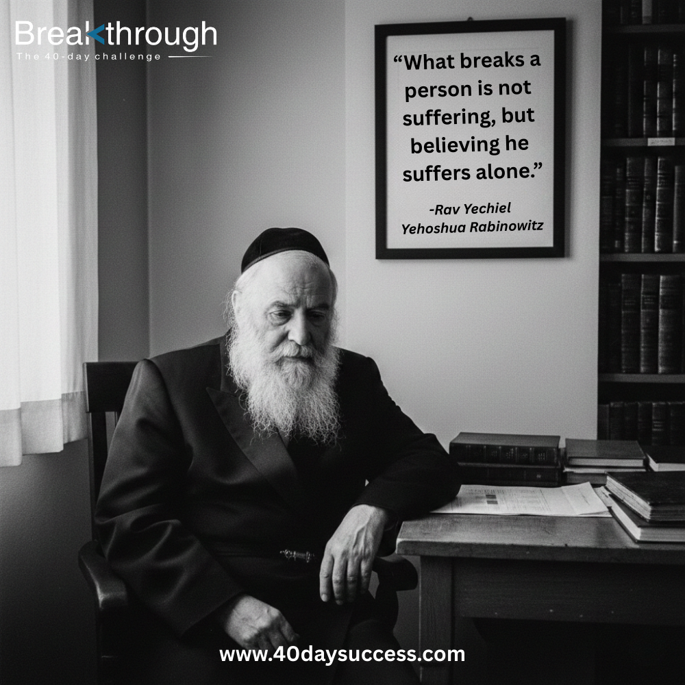 A black-and-white image of an older rabbi seated beside sefarim, beneath a quote about suffering alone.
