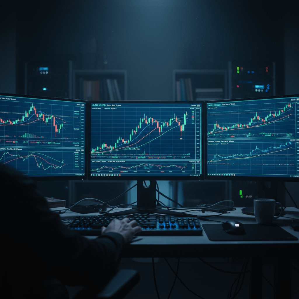Trader's desk with glowing XAG/USD charts