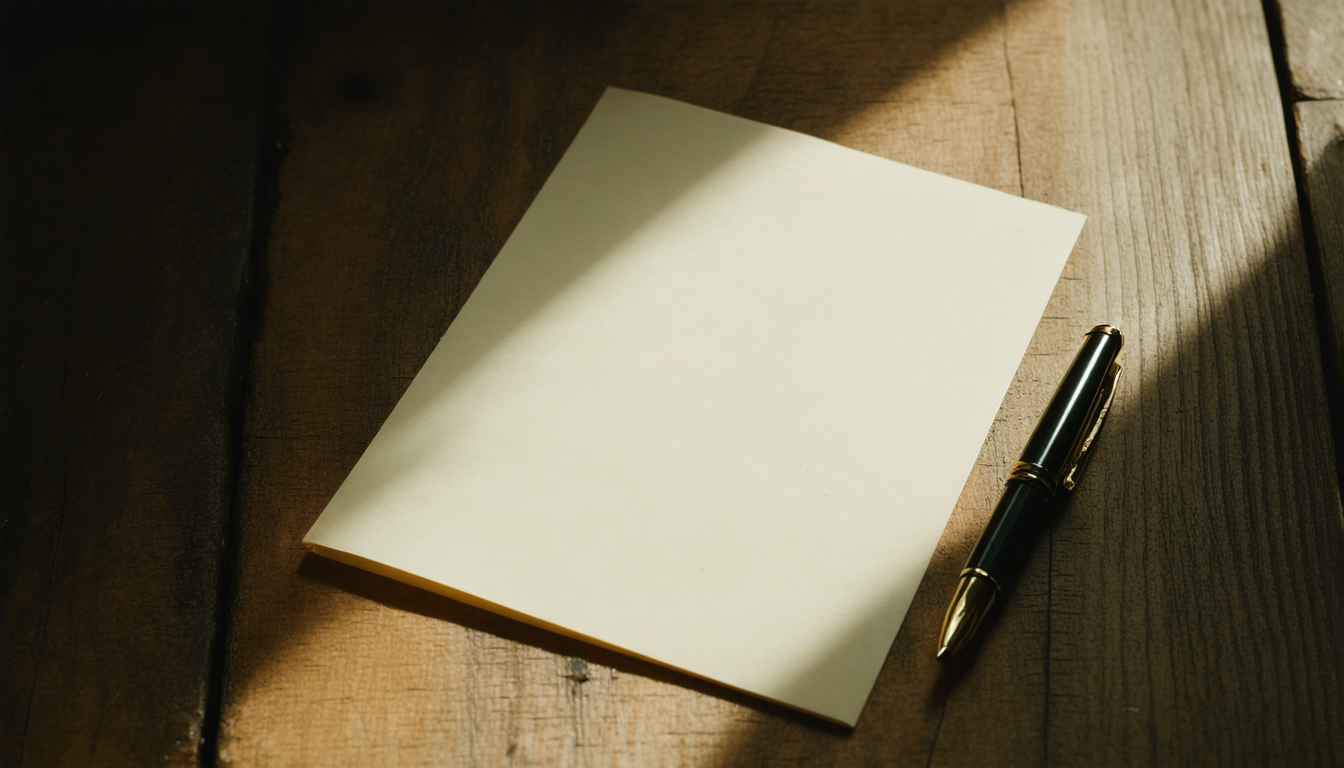 A single blank yellow legal pad on a wooden desk in soft morning light, one pen resting beside it.