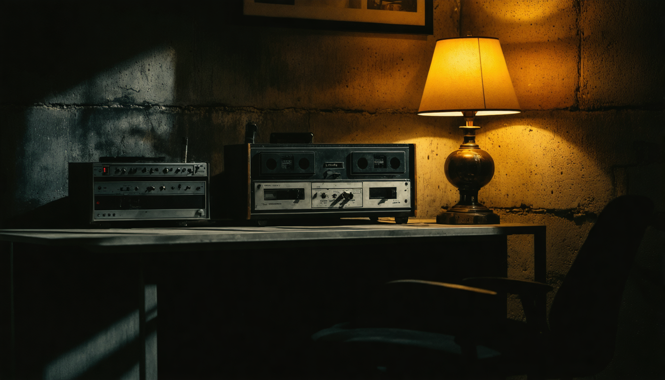 A darkened room with a single desk lamp illuminating a reel-to-reel tape recorder, its reels still, in an otherwise empty institutional space.