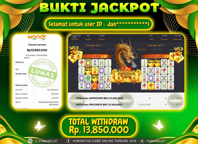 Selamat kepada Member PAMANSLOT PG - Mahjong Ways : JA***********1