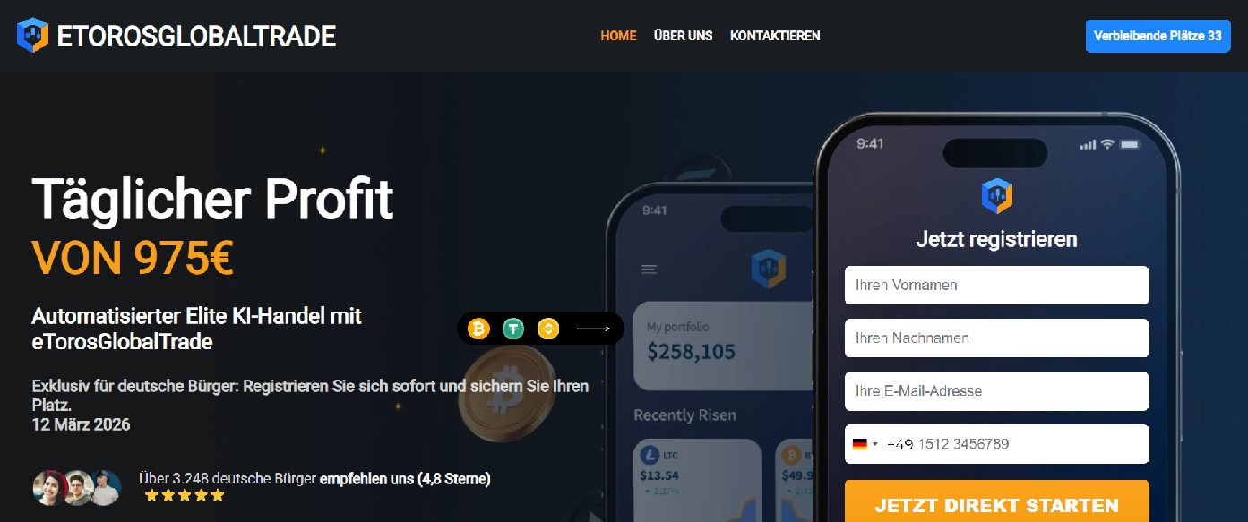 Forensic screenshot of etorosglobaltradeai.de showing the phishing page layout