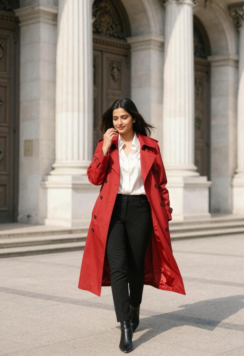 Crimson red belted trench coat over tailored trousers in front of a grand architectural backdrop