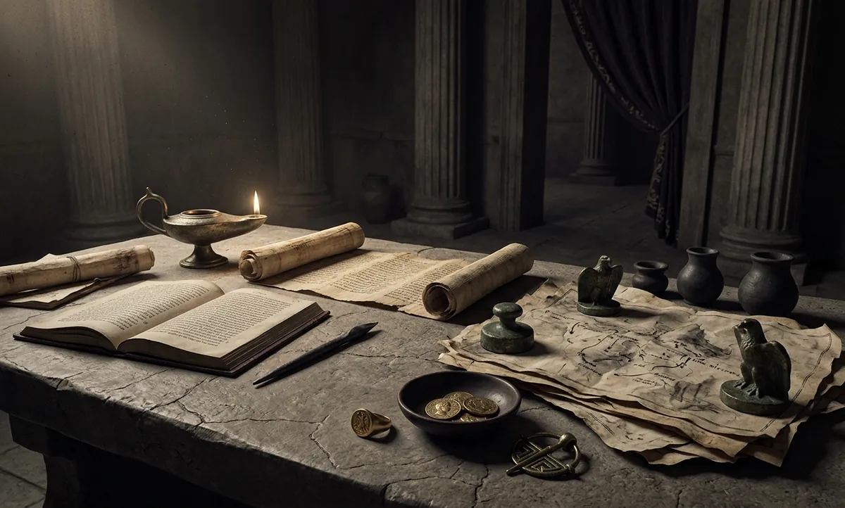 Mesa romana com pergaminhos, joias e lamparina de bronze