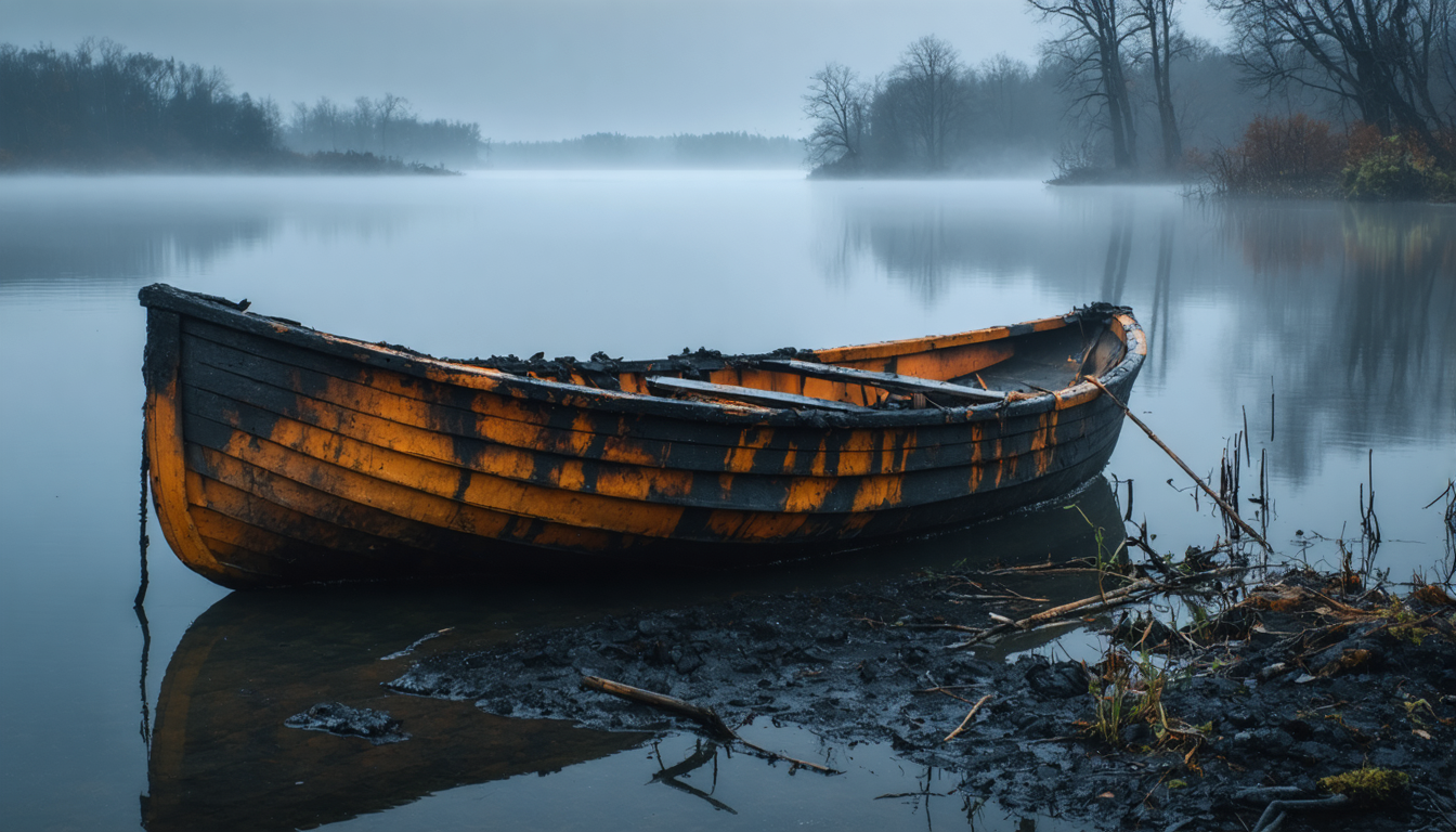 Charred remains of a small wooden boat on the edge of dark still water at dawn