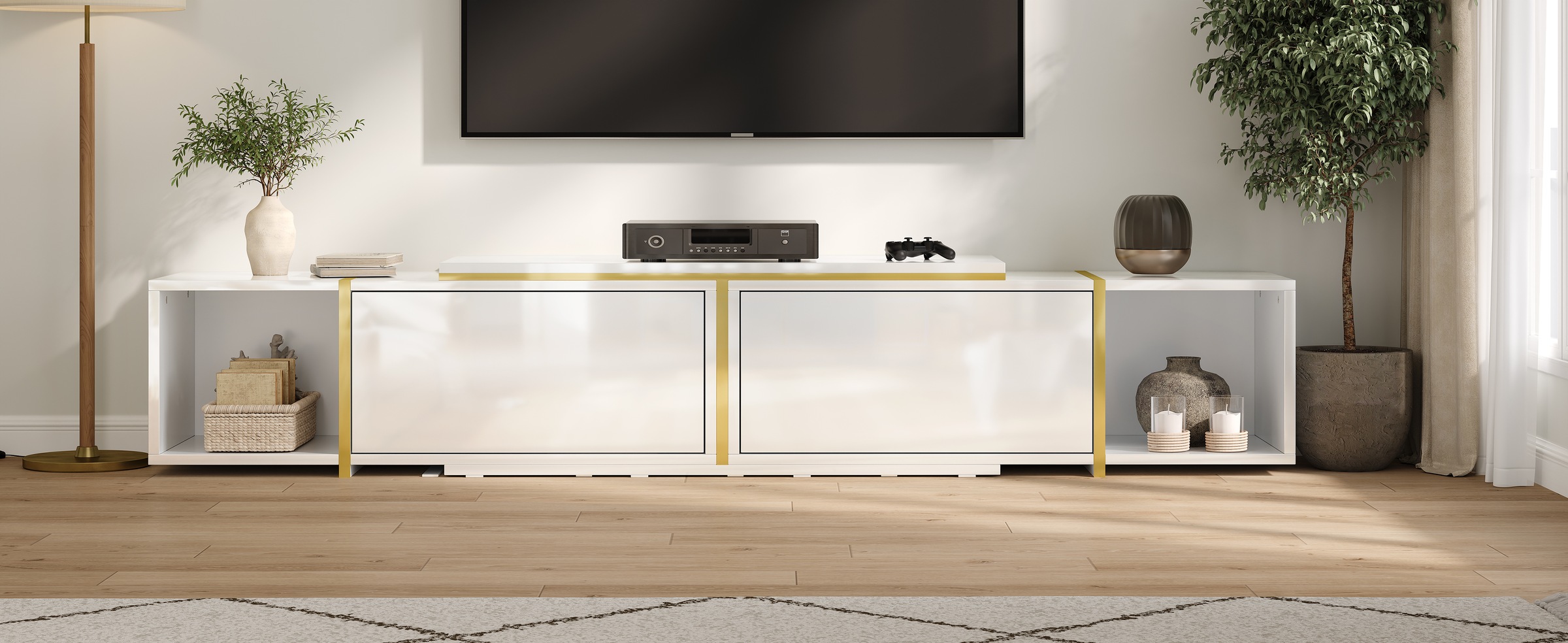 Meuble TV Blanc, Rangement, Gestion des Câbles, Extensible, Design Moderne, Structure Robuste - Panneaux de Particules - 275x35x37cm 2