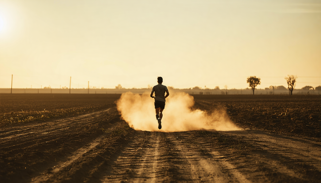 A lone runner seen from behind on a bare dirt loop at dusk, motion-blurred, with heat haze rising off cracked earth under low golden light.