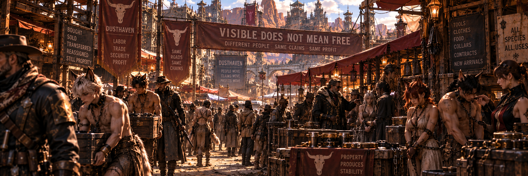 Enslaved demi-humans visibly chained while working throughout Dusthaven's market streets