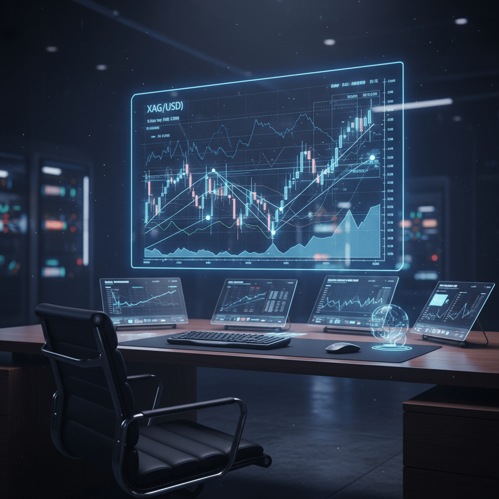 trader's desk with a holographic chart of silver (XAG/USD) floating above it, showing complex data and market trends in a sleek, modern, dark room.