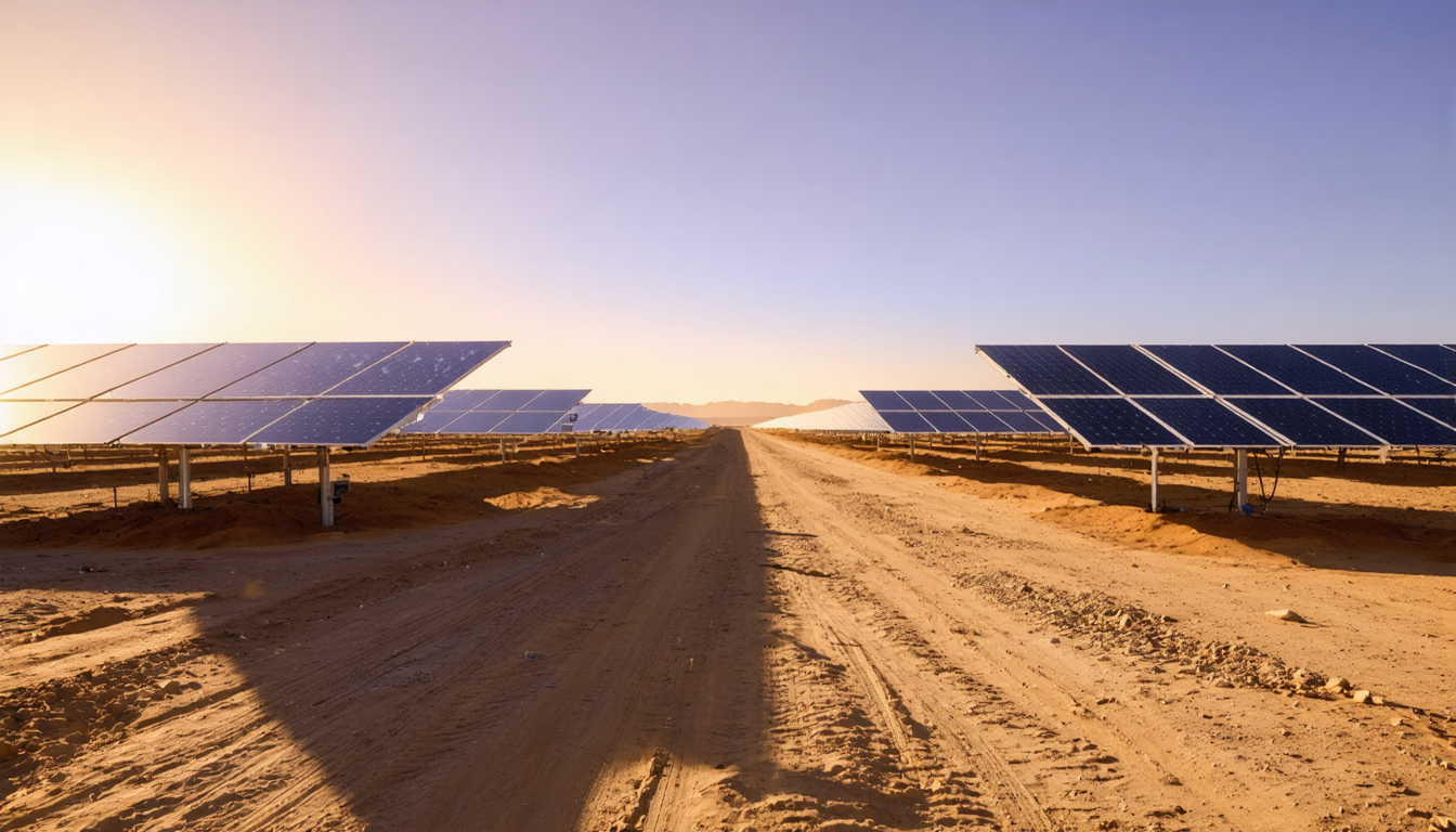 Industrial solar panel array in a desert landscape at dusk with long shadows and exposed wiring between panels